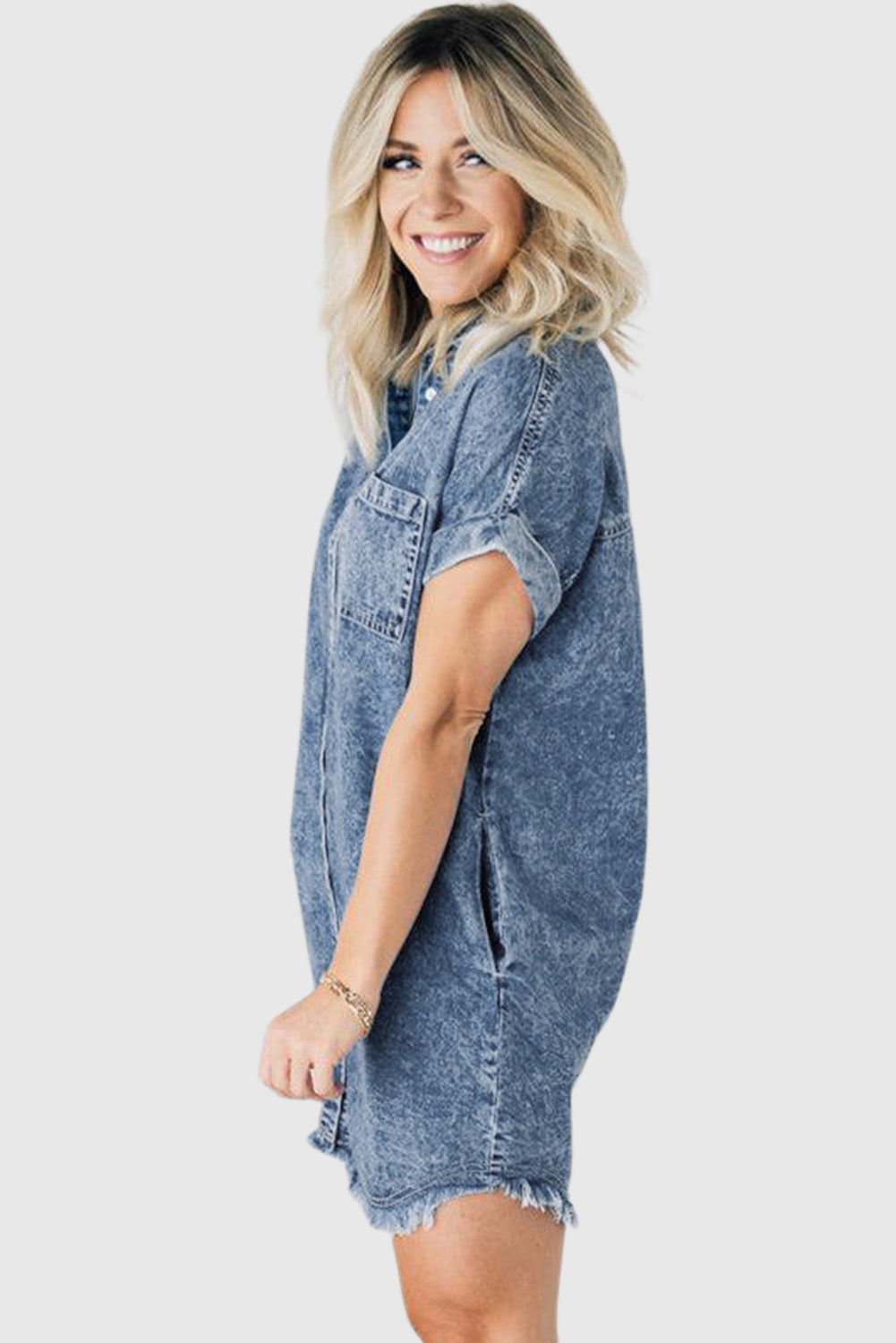 Blue Mineral Wash Cuffed Sleeve Frayed Hem Denim Dress