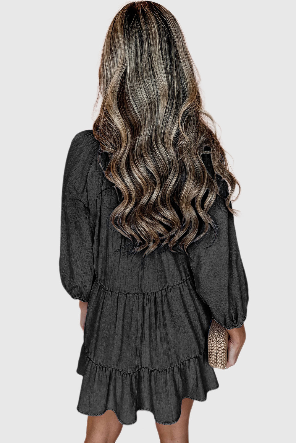 Black Puff Sleeve V Neck Tiered Ruffled Chambray Mini Dress