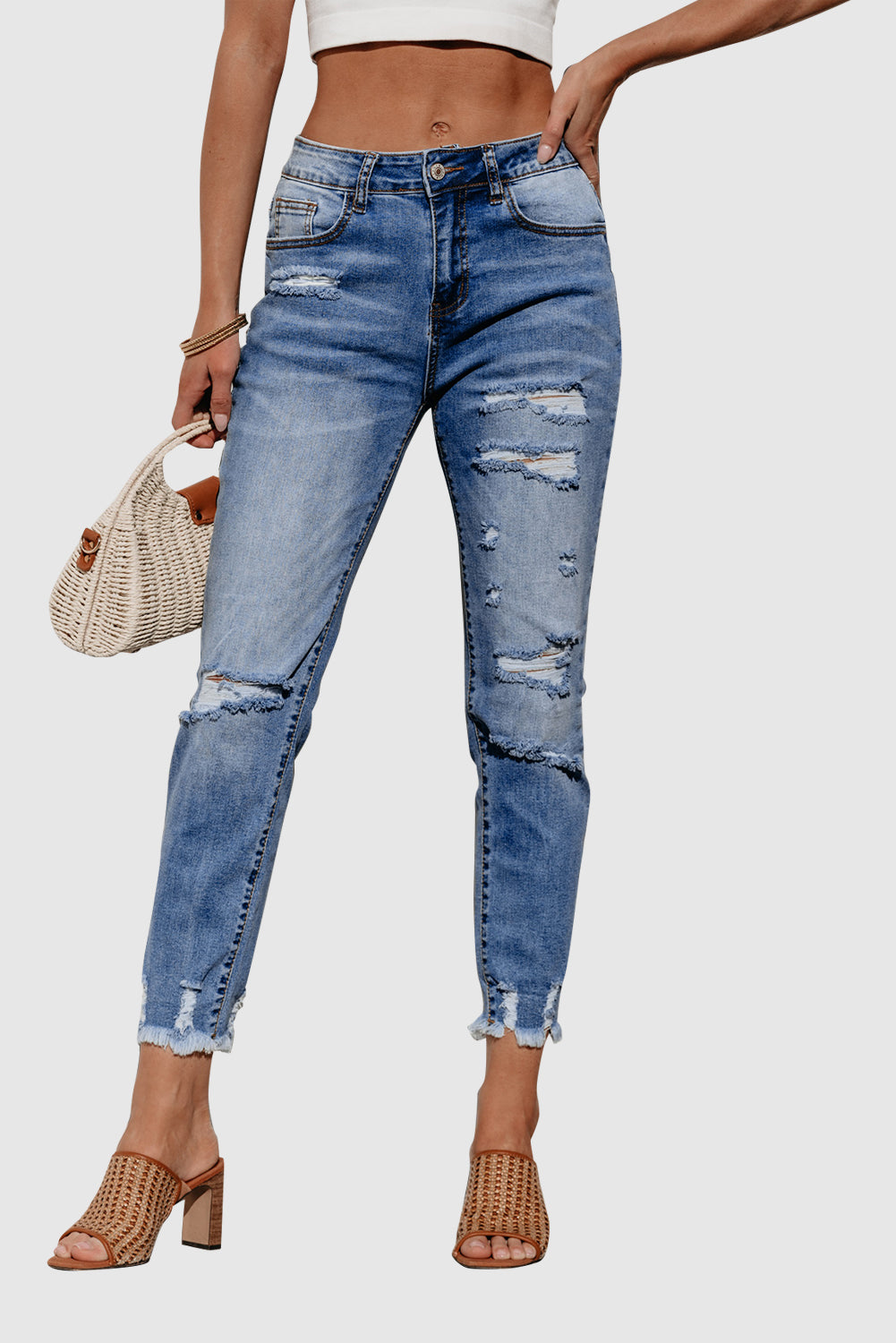 Women's Solid Color Fashion Distressed Jeans