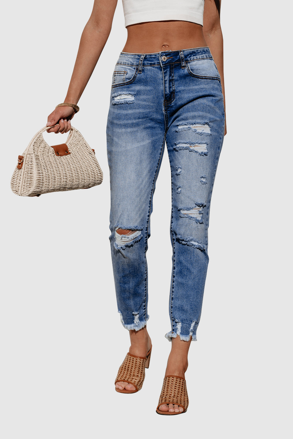 Women's Solid Color Fashion Distressed Jeans