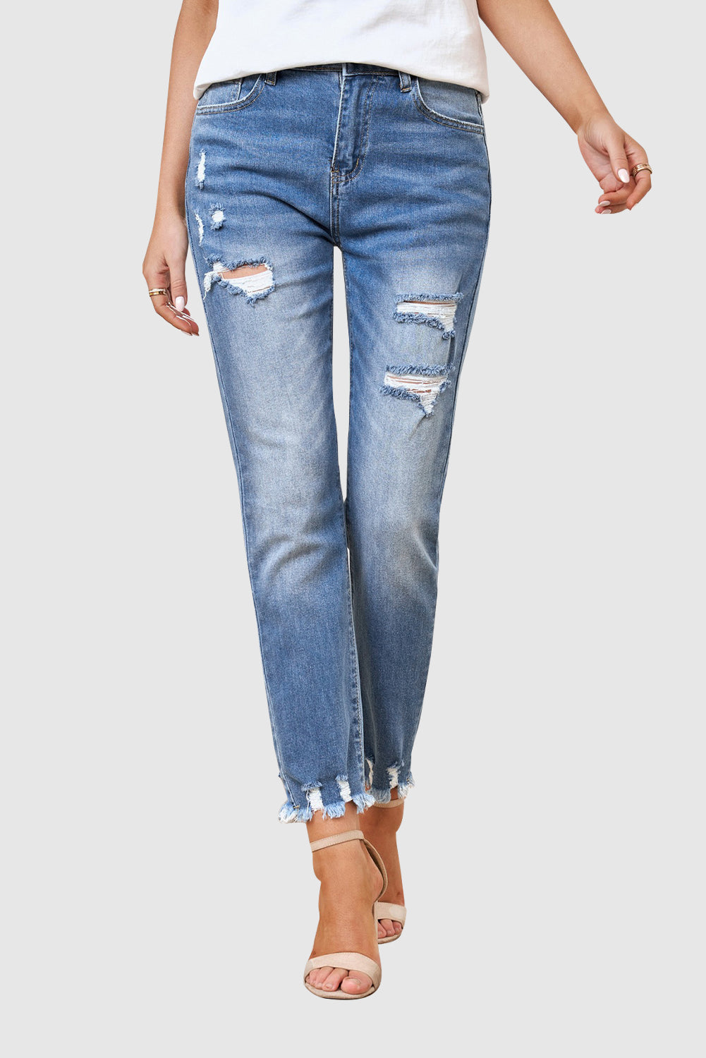 Solid Color Casual Mid-Rise Skinny Jeans with Ripped Details