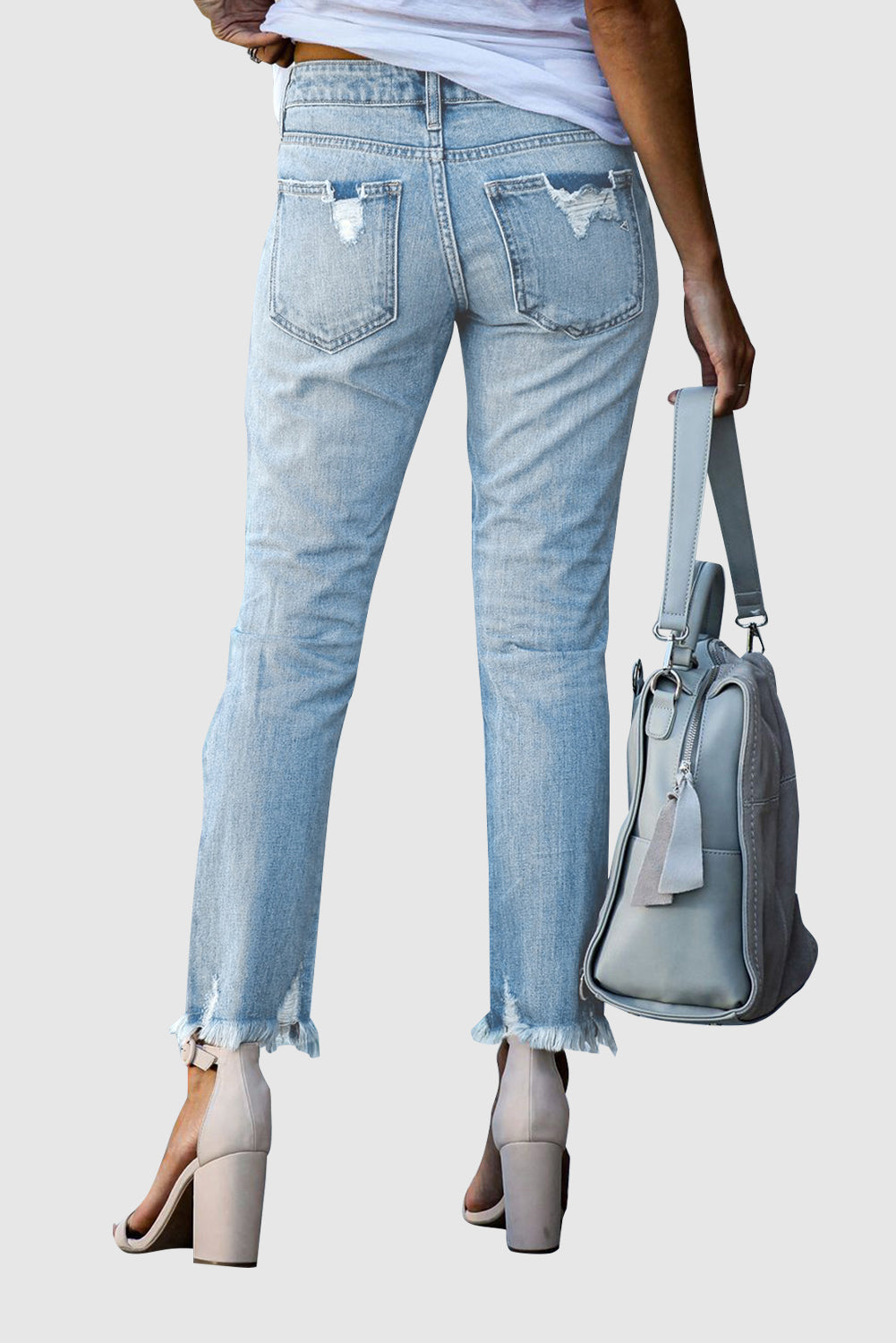 Solid Color Casual Mid-Rise Skinny Jeans with Ripped Details
