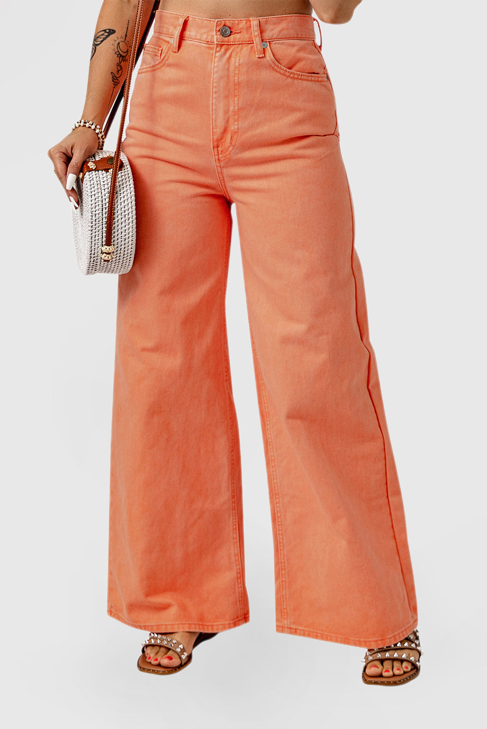 Orange Acid Wash High-Rise Wide-Leg Jeans