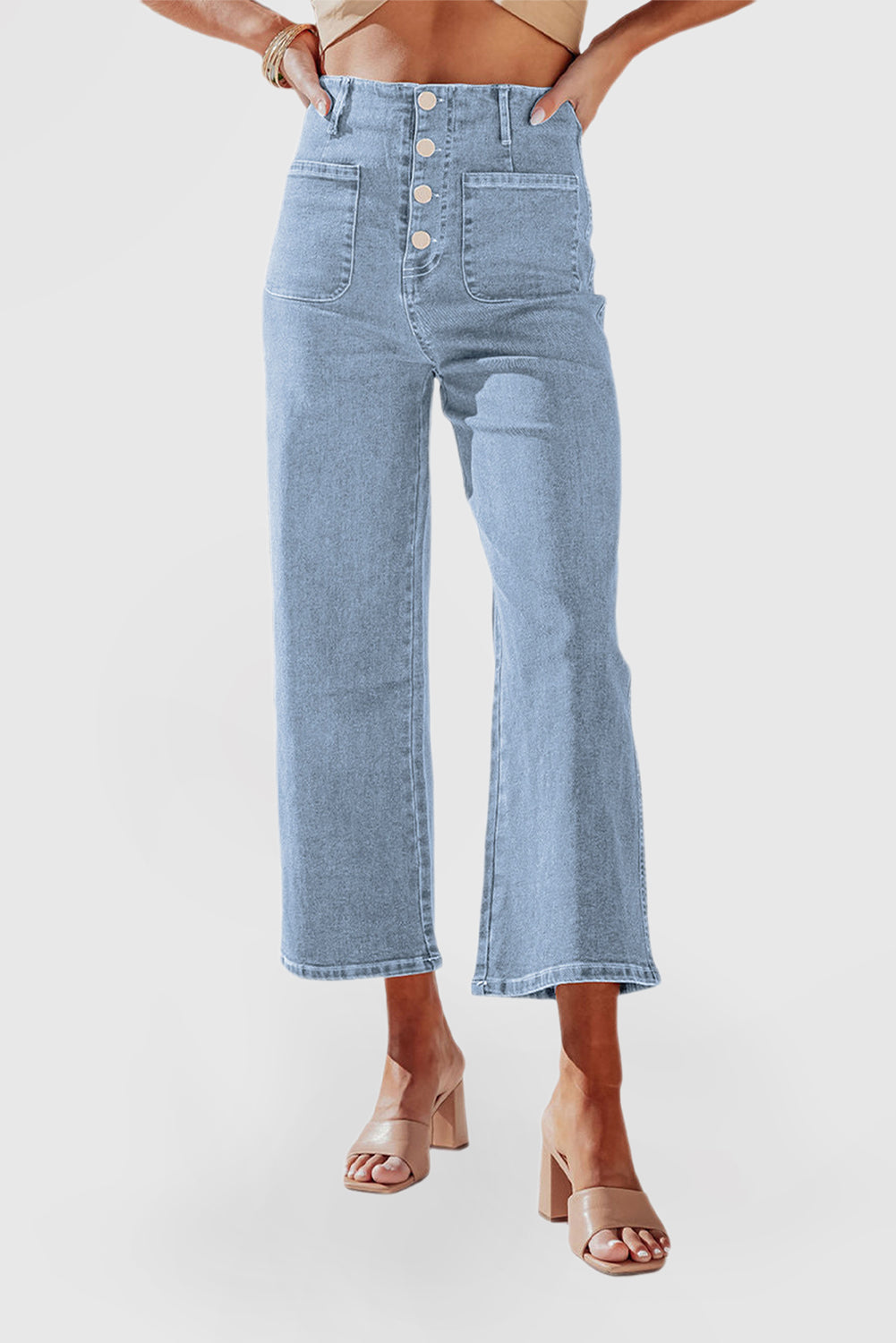 High Waist Cropped Wide Leg Jeans with 4-Button Detail