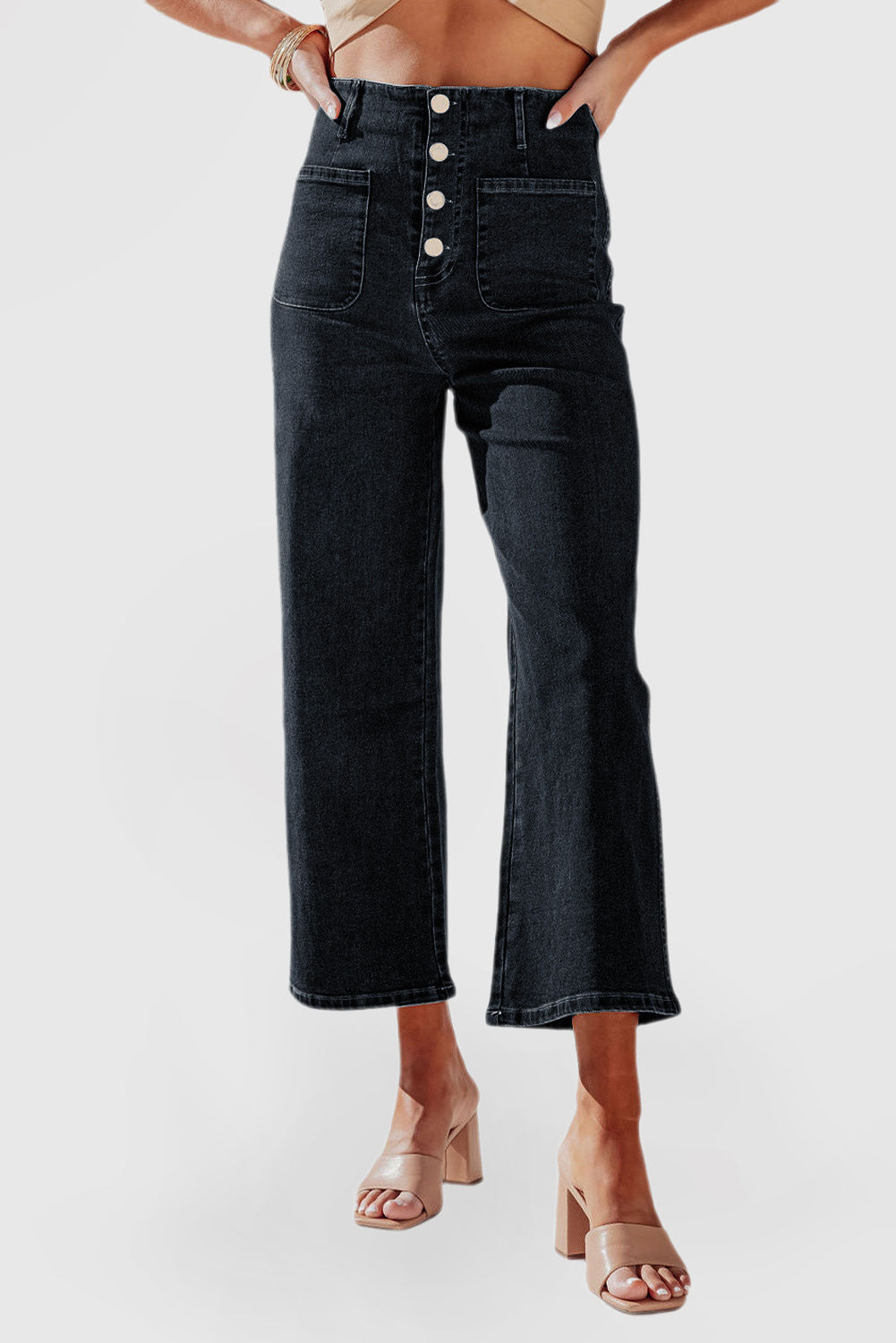 High Waist Cropped Wide Leg Jeans with 4-Button Detail