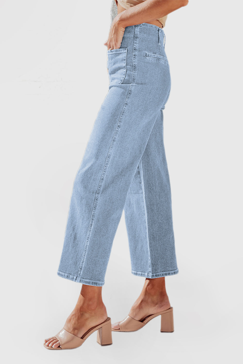 High Waist Cropped Wide Leg Jeans with 4-Button Detail