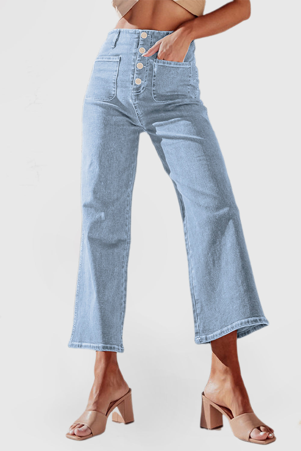 High Waist Cropped Wide Leg Jeans with 4-Button Detail