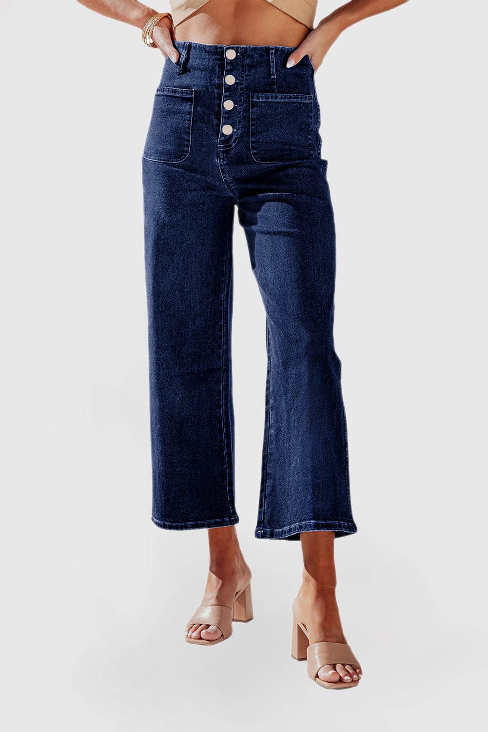 High Waist Cropped Wide Leg Jeans with 4-Button Detail