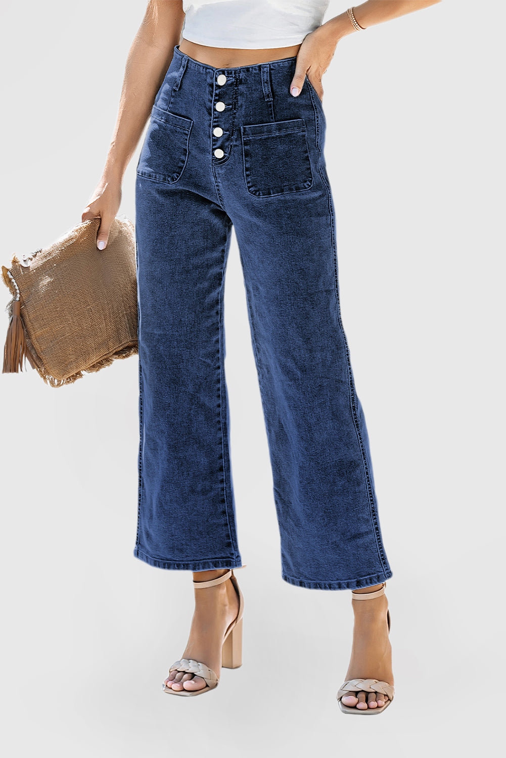 High Waist Cropped Wide Leg Jeans with 4-Button Detail