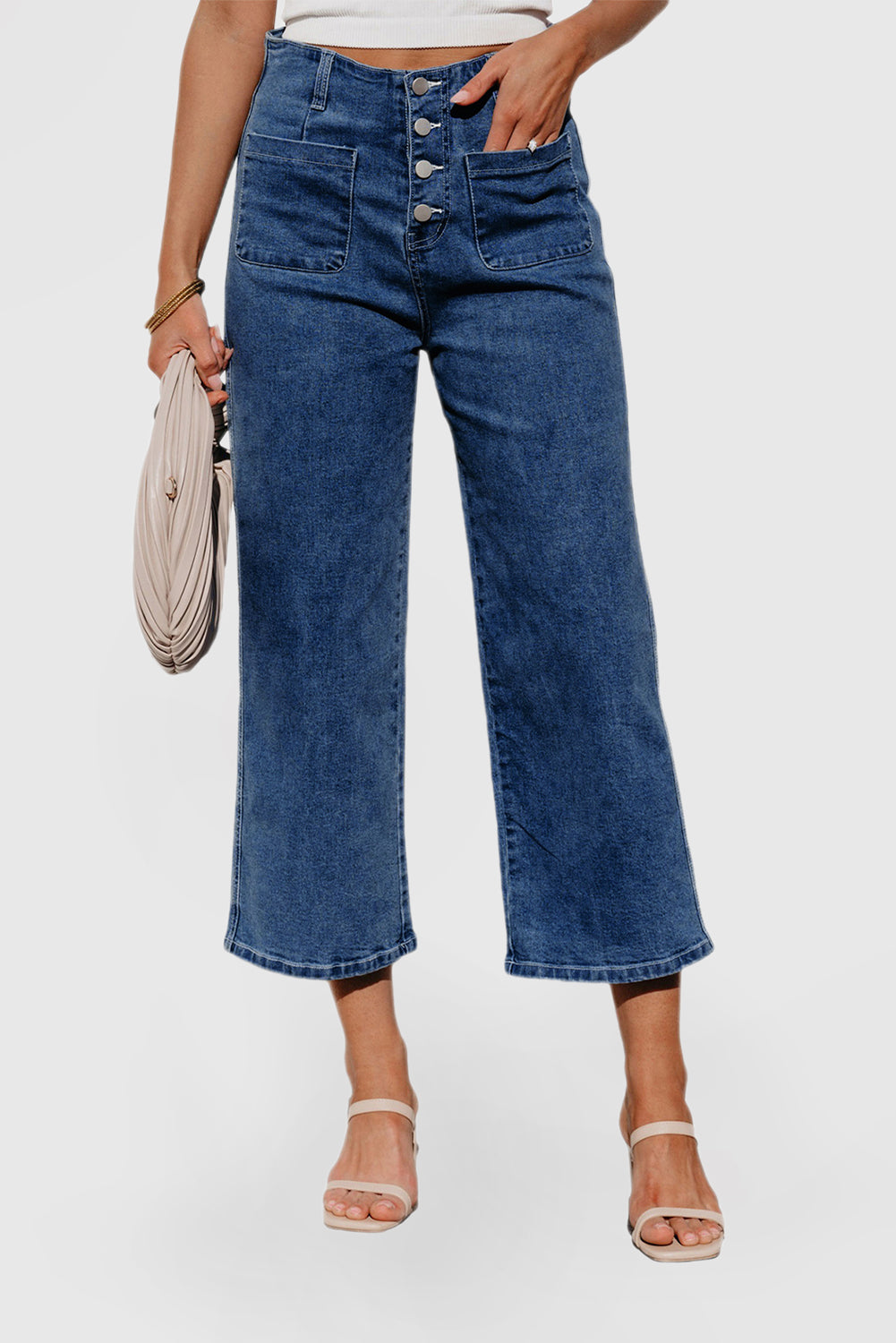 High Waist Cropped Wide Leg Jeans with 4-Button Detail