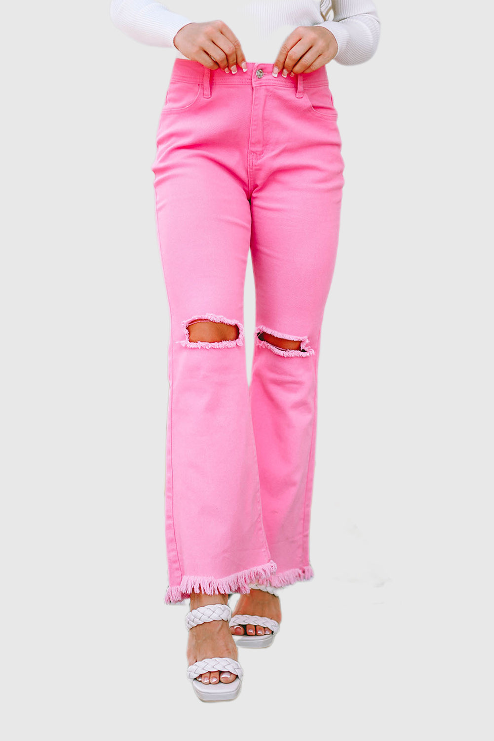Pink Vintage-Inspired High-Waisted Flared Jeans with Ripped Raw Hem