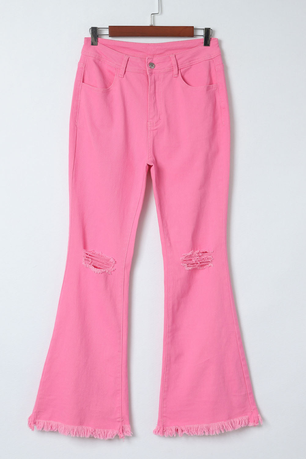 Pink Vintage-Inspired High-Waisted Flared Jeans with Ripped Raw Hem