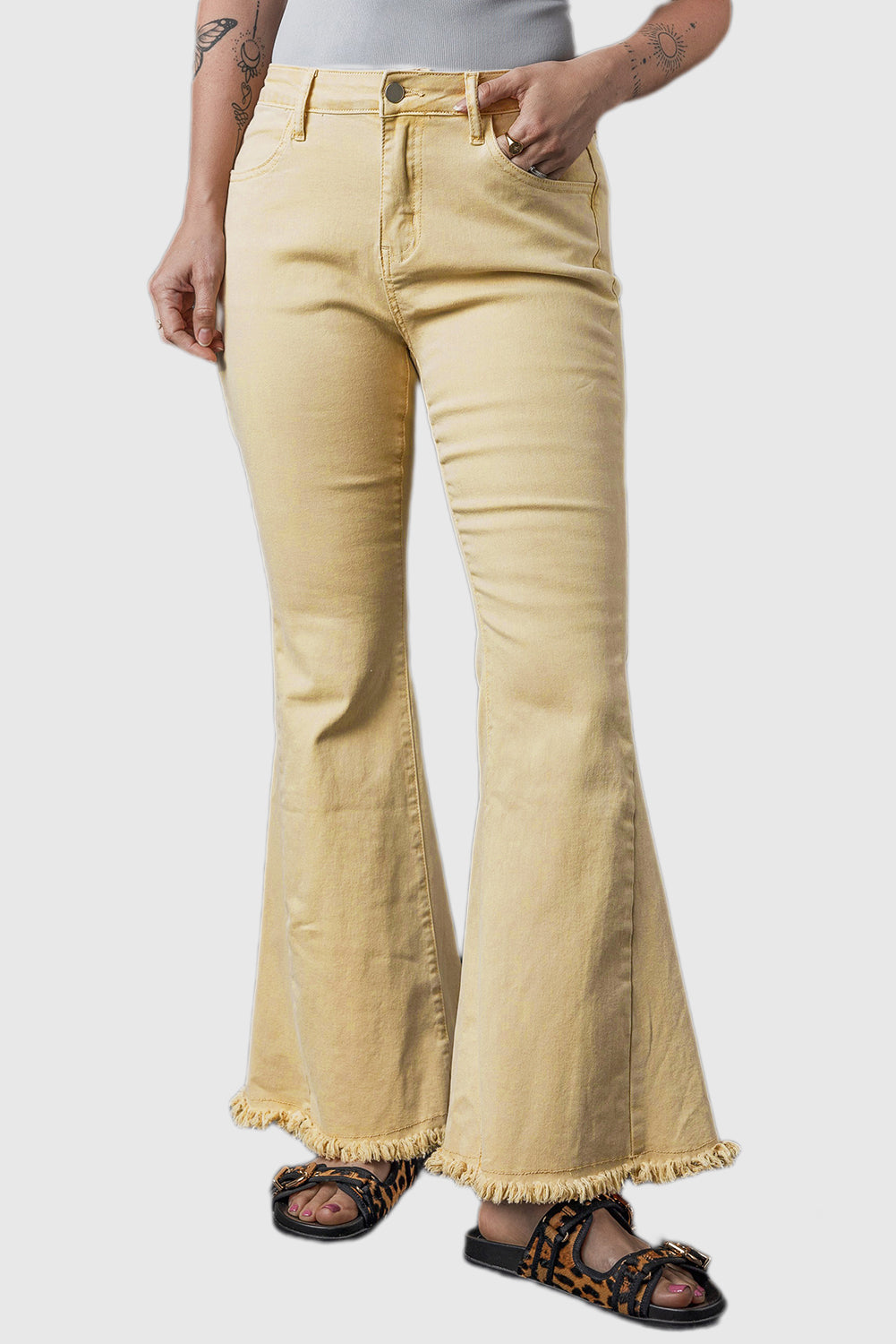 Khaki Mid-Rise Flared Jeans with Raw Edge