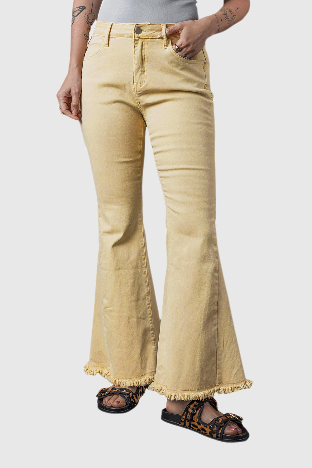 Khaki Mid-Rise Flared Jeans with Raw Edge