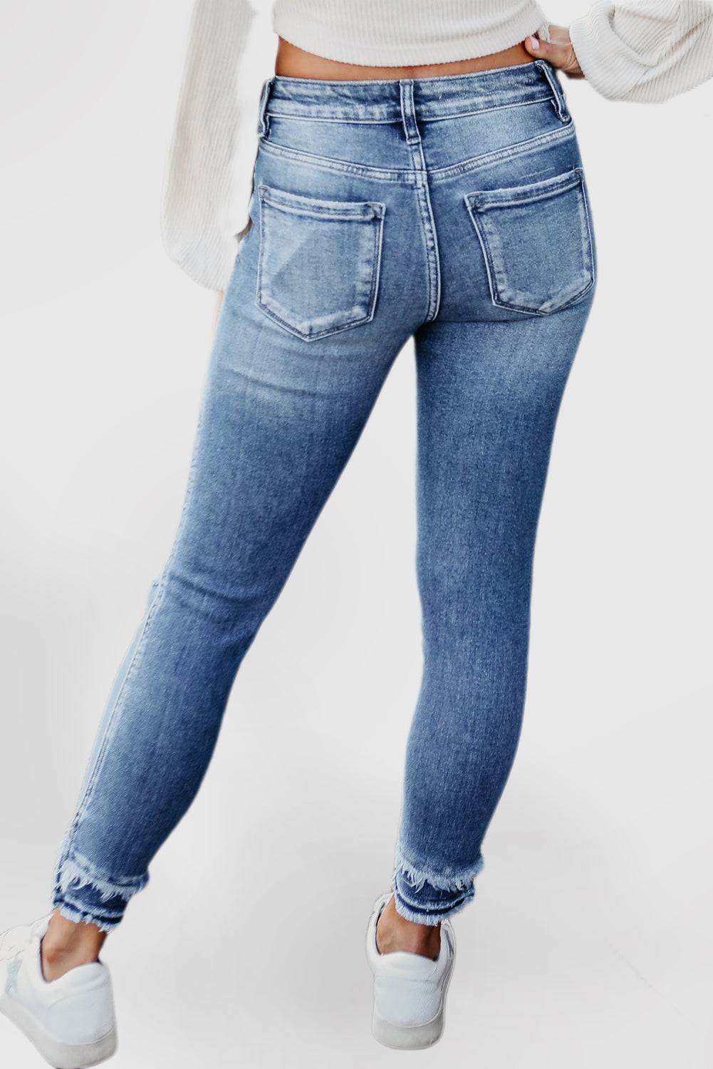 Light Blue Ripped Ankle Skinny Jeans with Frayed Edges