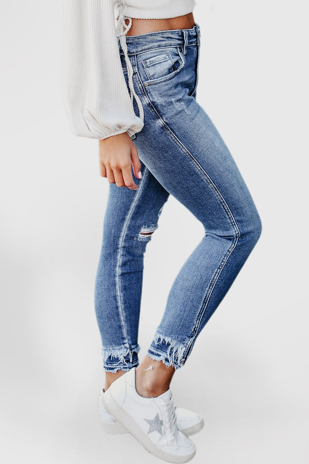 Light Blue Ripped Ankle Skinny Jeans with Frayed Edges