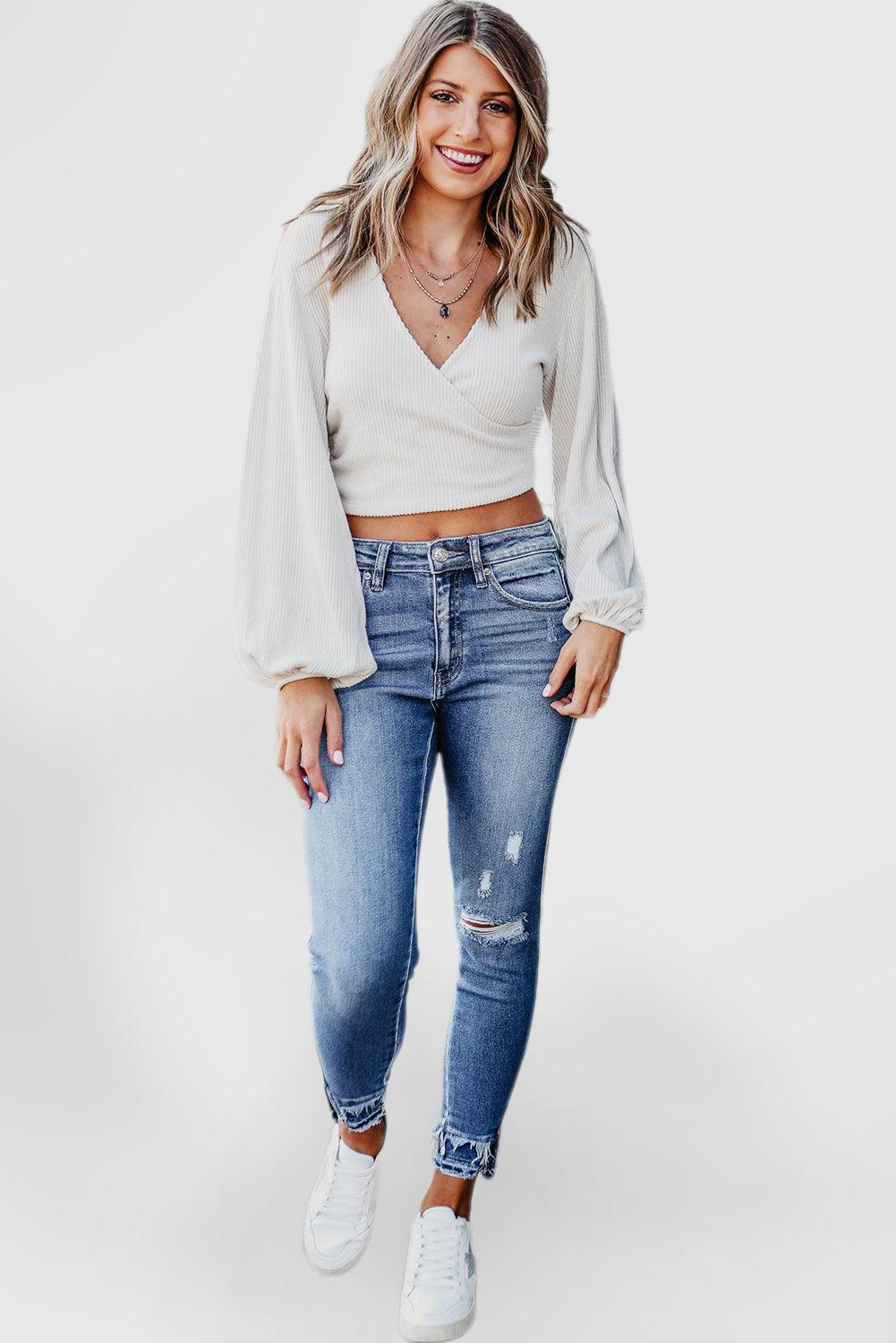 Light Blue Ripped Ankle Skinny Jeans with Frayed Edges