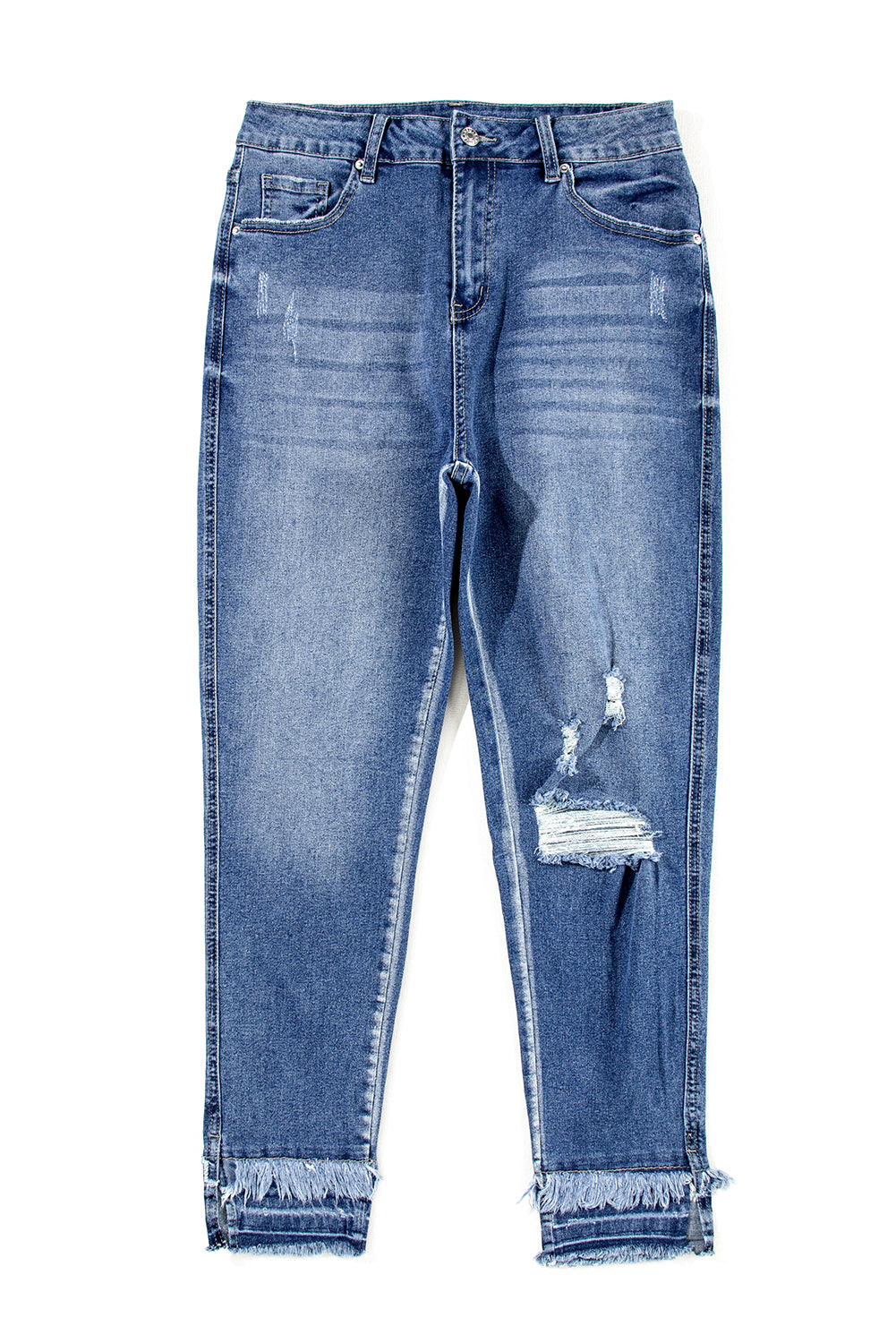 Light Blue Ripped Ankle Skinny Jeans with Frayed Edges