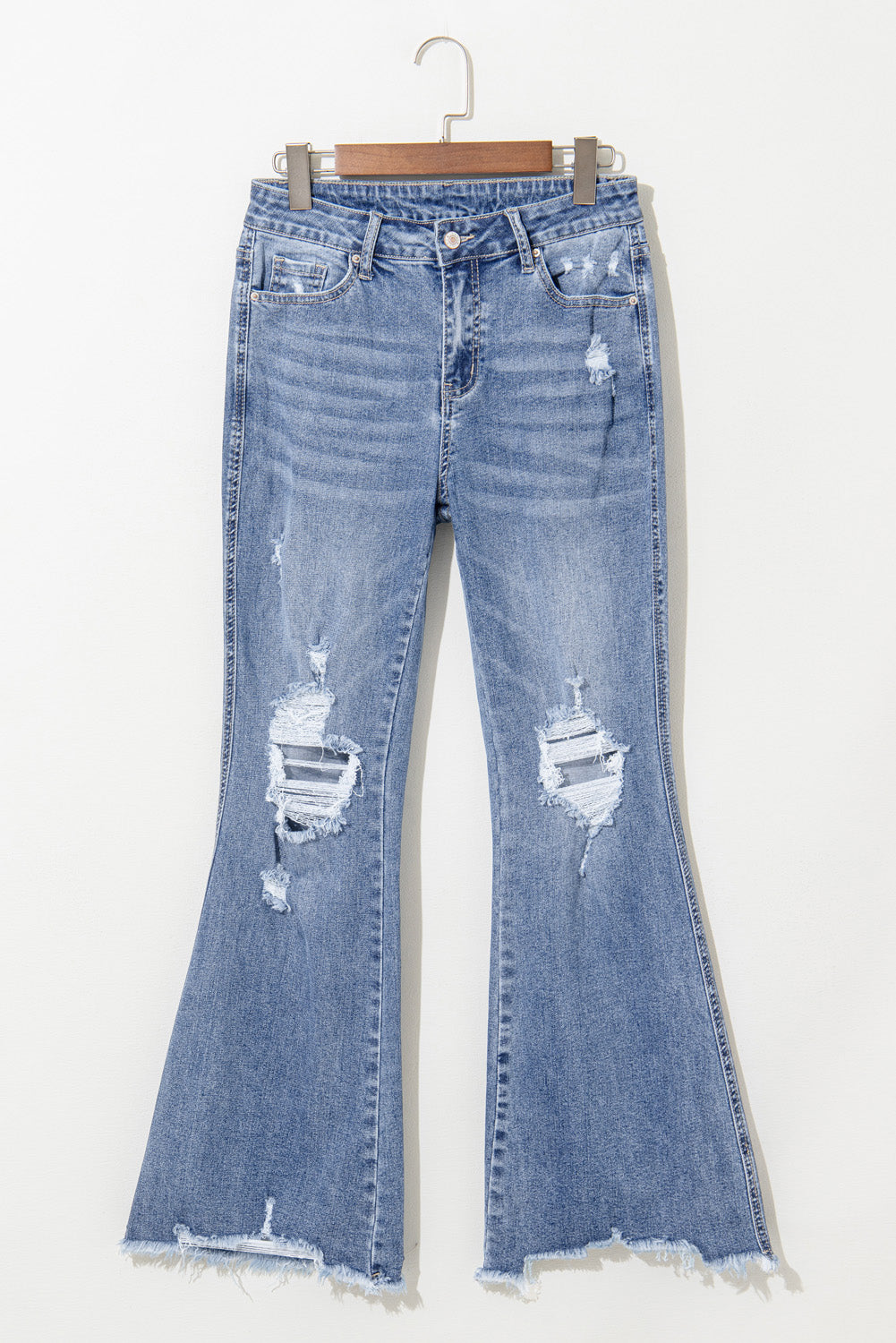 Dusk Blue High-Rise Flared Jeans with Distressed Hem