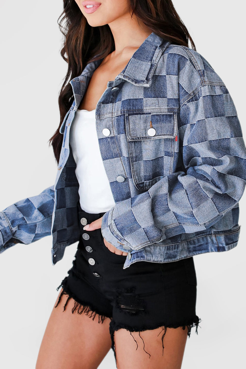 Checkered Patchwork Button up Denim Jacket