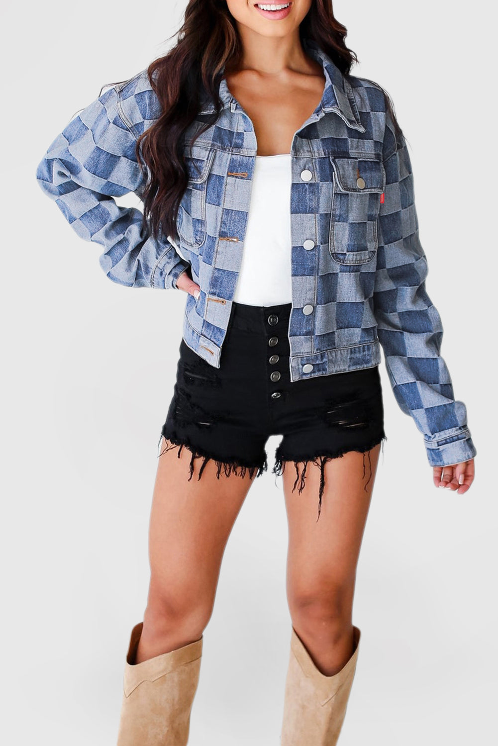 Checkered Patchwork Button up Denim Jacket