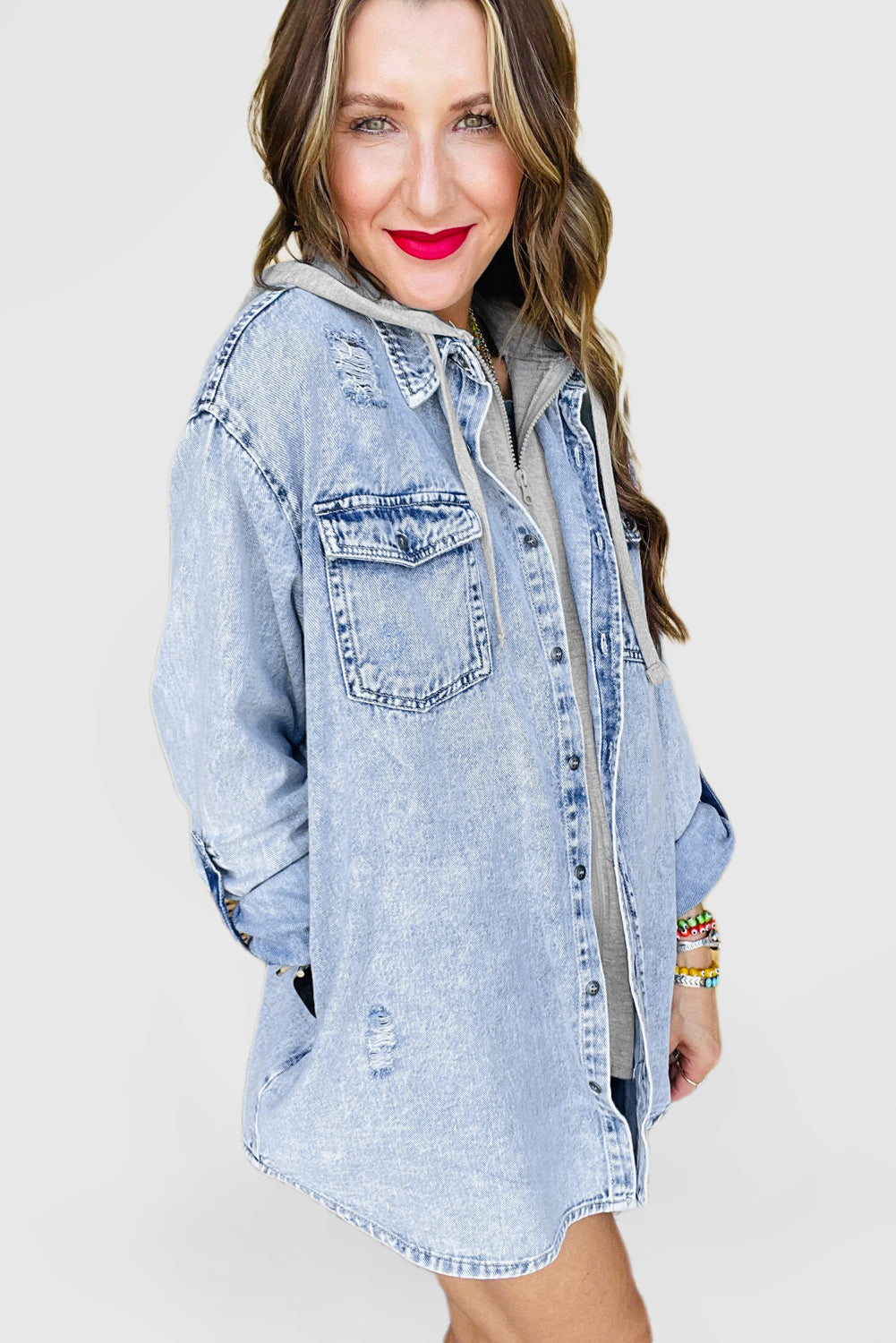Mist Blue Oversized Contrast Hooded Denim Jacket