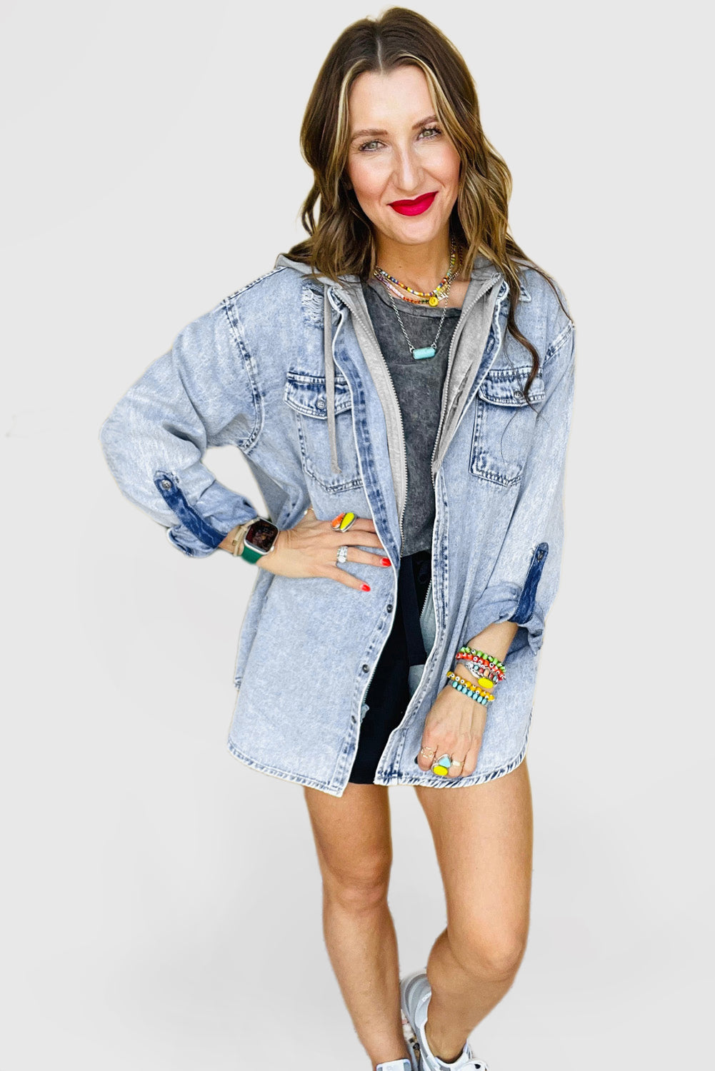 Mist Blue Oversized Contrast Hooded Denim Jacket
