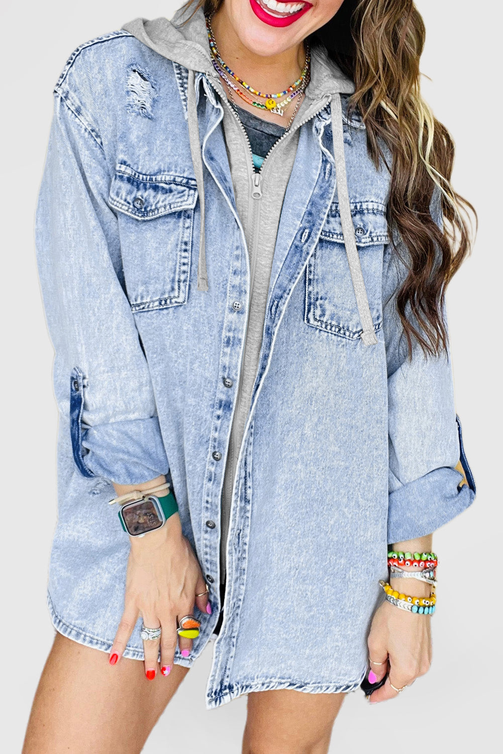 Mist Blue Oversized Contrast Hooded Denim Jacket