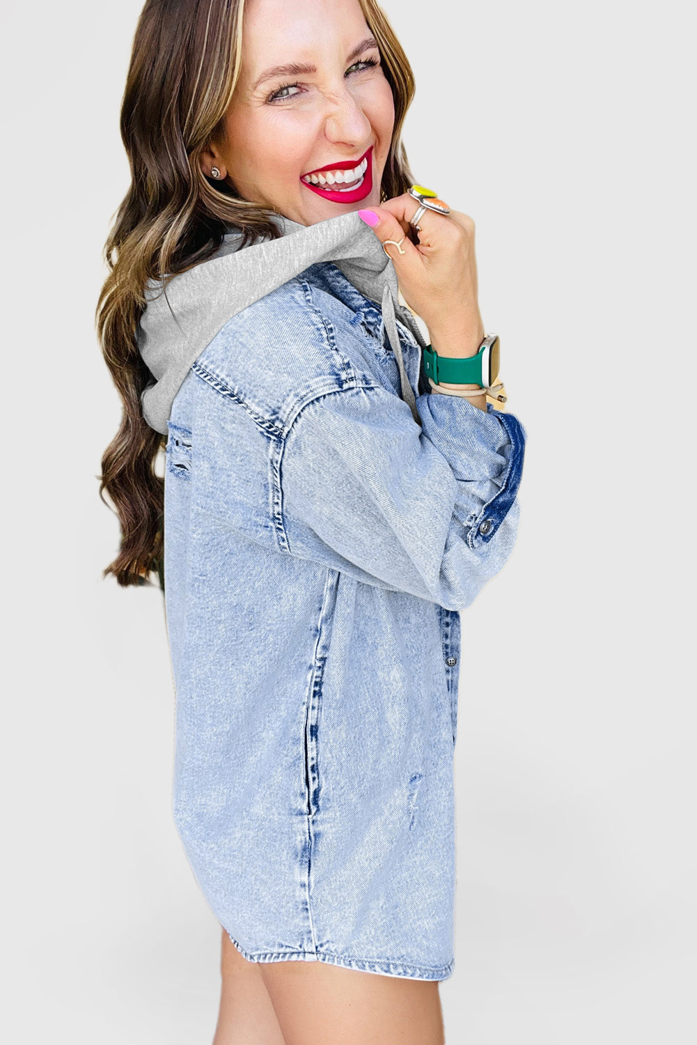 Mist Blue Oversized Contrast Hooded Denim Jacket