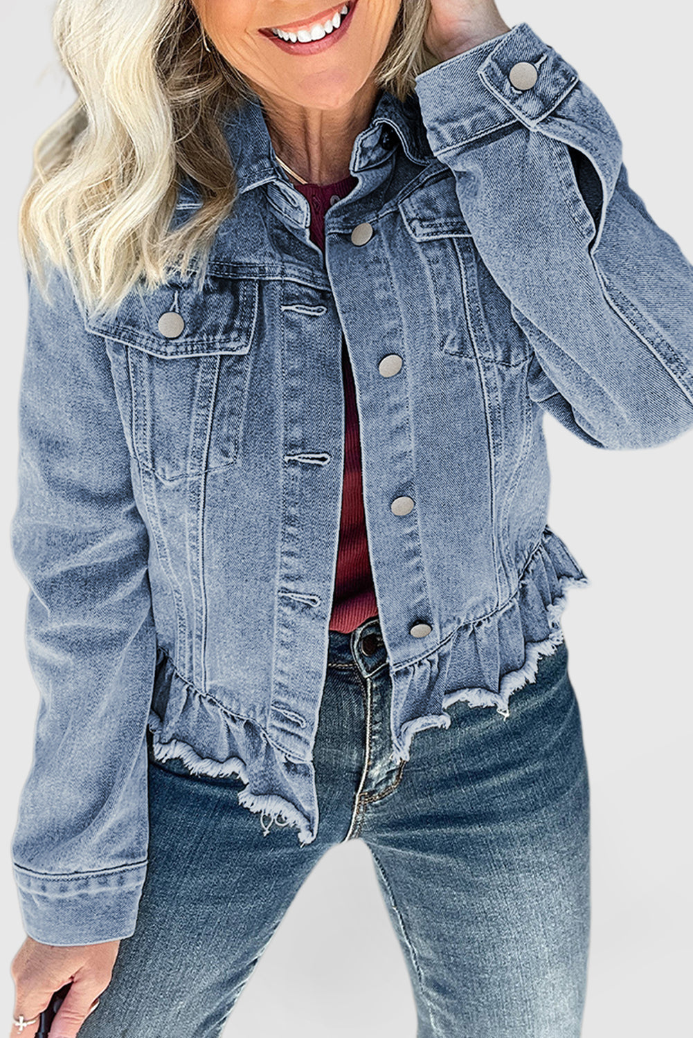 Beau Blue Ruffle Raw Hem Flap Pockets Denim Jacket