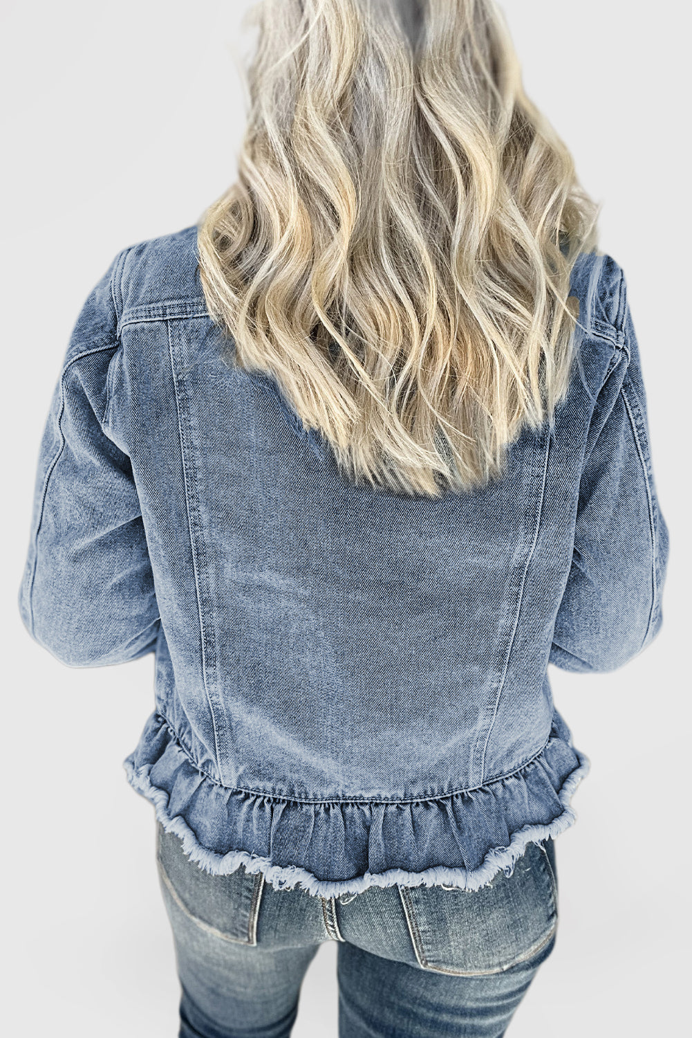 Beau Blue Ruffle Raw Hem Flap Pockets Denim Jacket