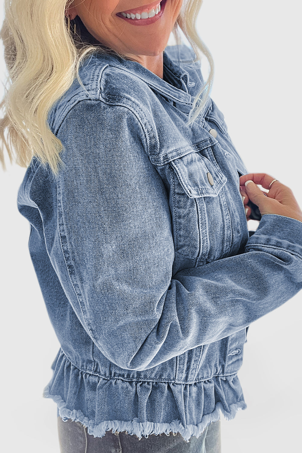 Beau Blue Ruffle Raw Hem Flap Pockets Denim Jacket