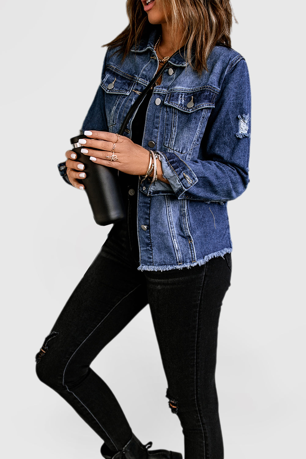 Sky Blue Denim Jacket with Lapel, Distressed Details