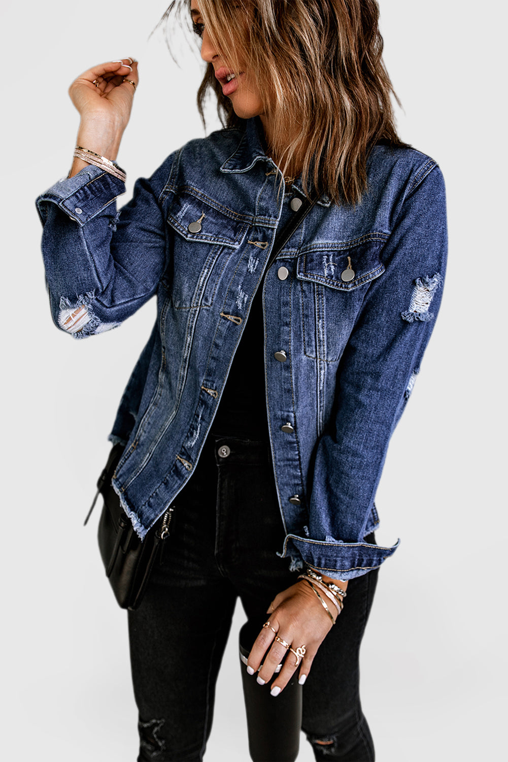 Sky Blue Denim Jacket with Lapel, Distressed Details