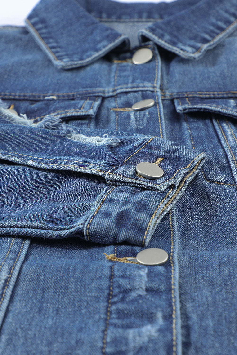 Sky Blue Denim Jacket with Lapel, Distressed Details