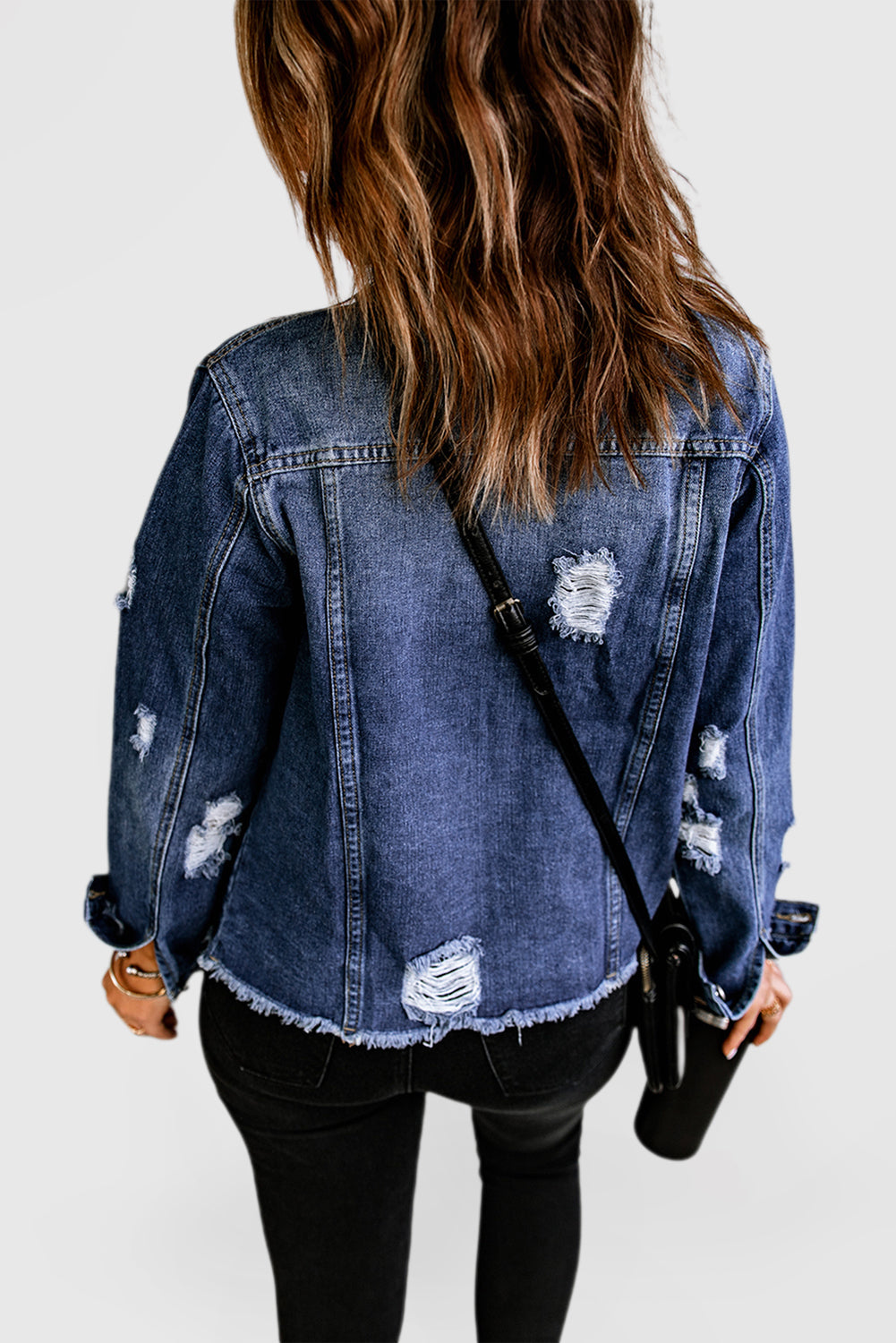 Sky Blue Denim Jacket with Lapel, Distressed Details