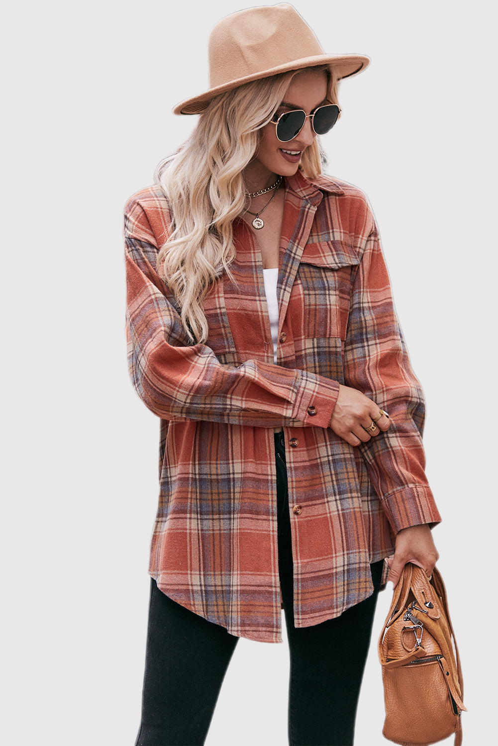 Caramel Casual Fashion Oversized Loose Plaid Shirt