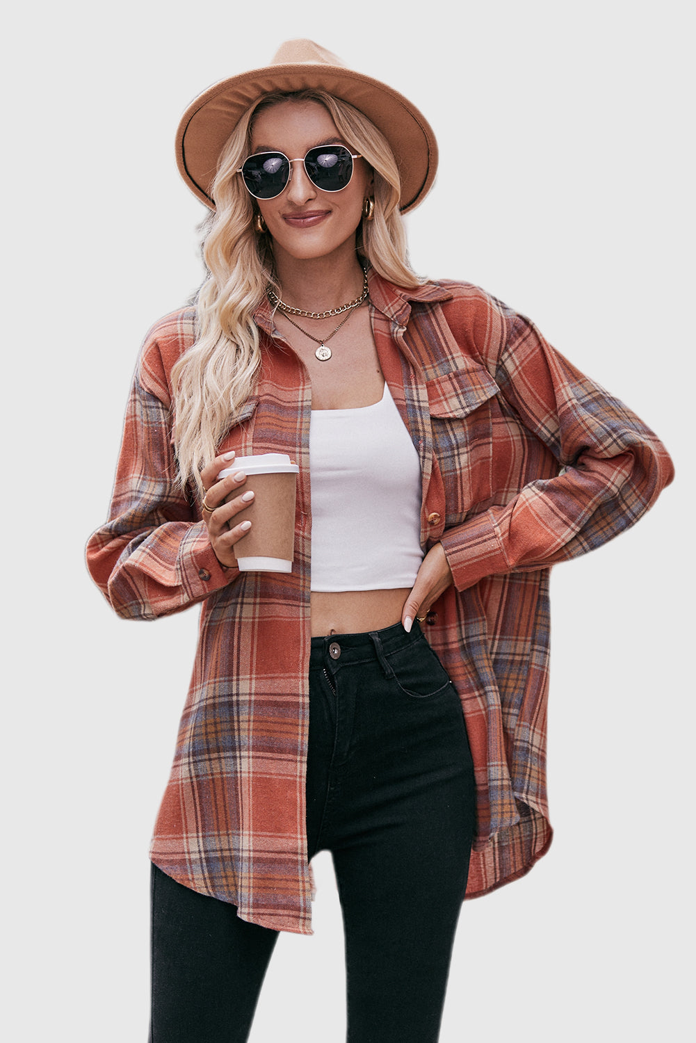 Caramel Casual Fashion Oversized Loose Plaid Shirt