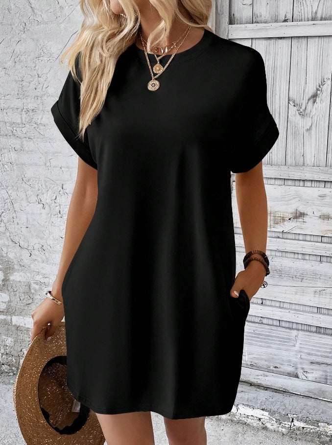 Casual Solid Color T-Shirt Dress with Pockets