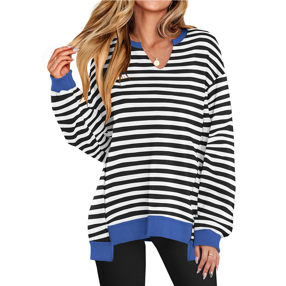 Womens Striped V Neck Pullover Sweatshirt Top