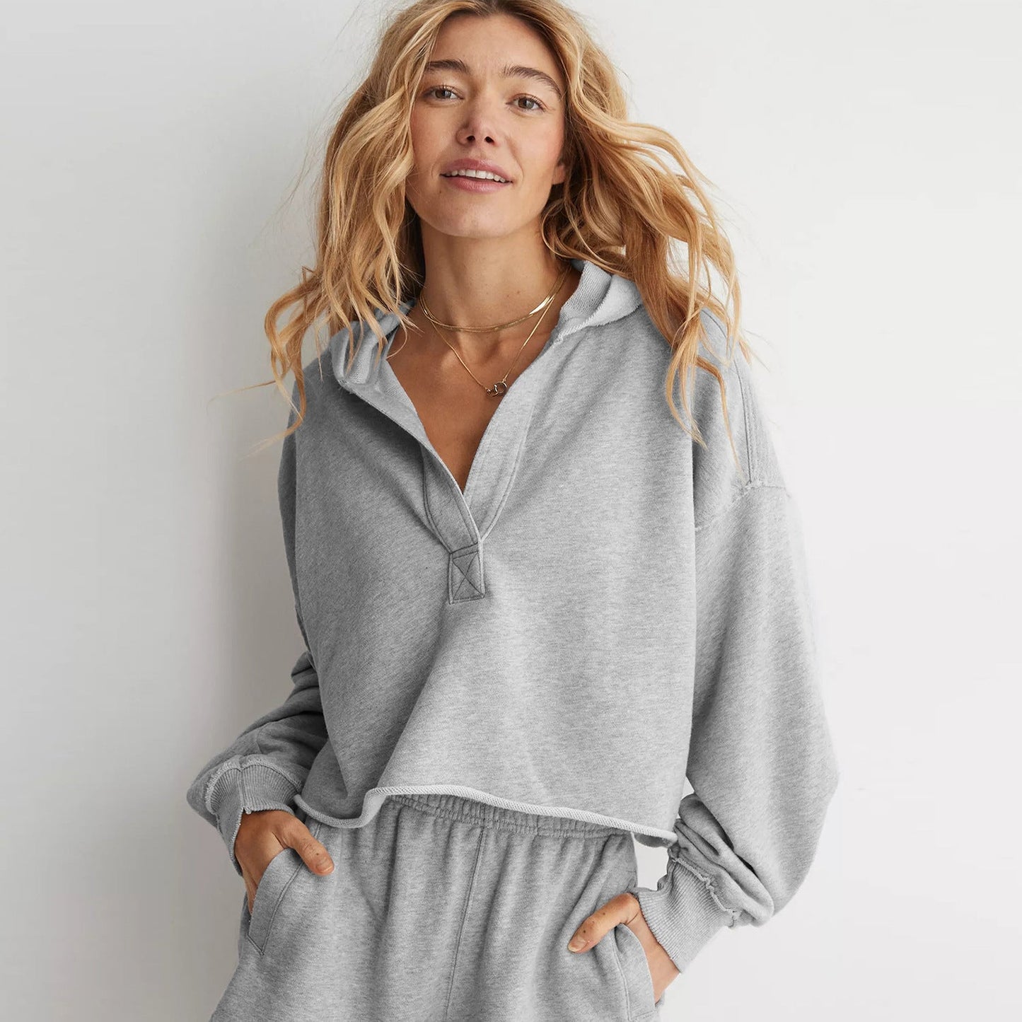 V-Neck Hooded Pullover Sweater Loose Fit Long Sleeve Top