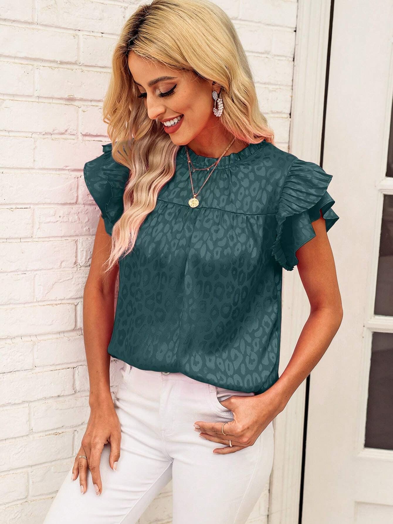 Women's Printed Lotus Leaf Sleeve Wavy Collar Top