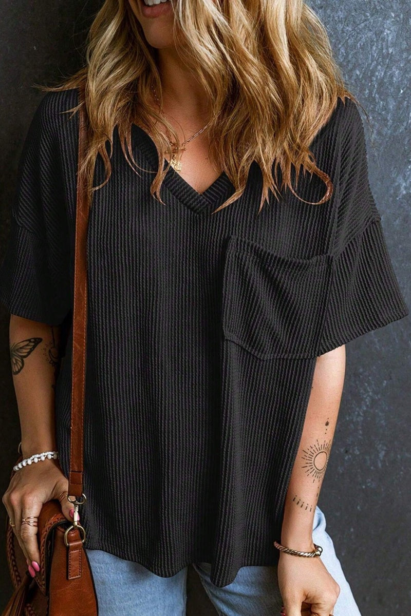 Casual V Neck Pocket T Shirt Loose Ribbed Knit Top