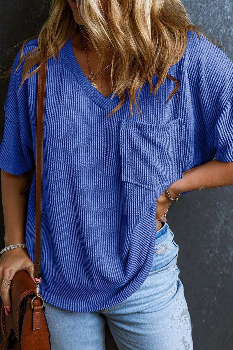 Casual V Neck Pocket T Shirt Loose Ribbed Knit Top