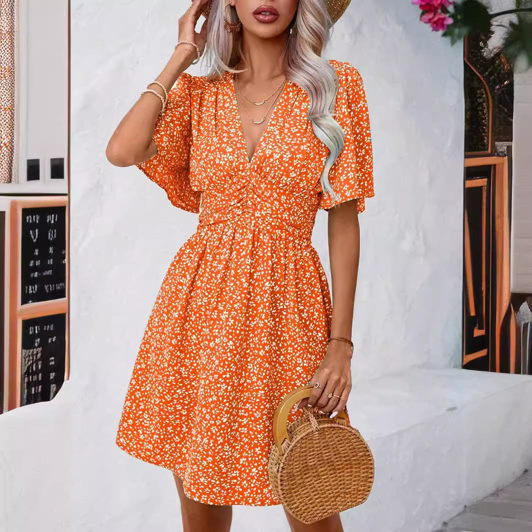 Summer V Neck Pleated Floral Dress with Short Sleeves