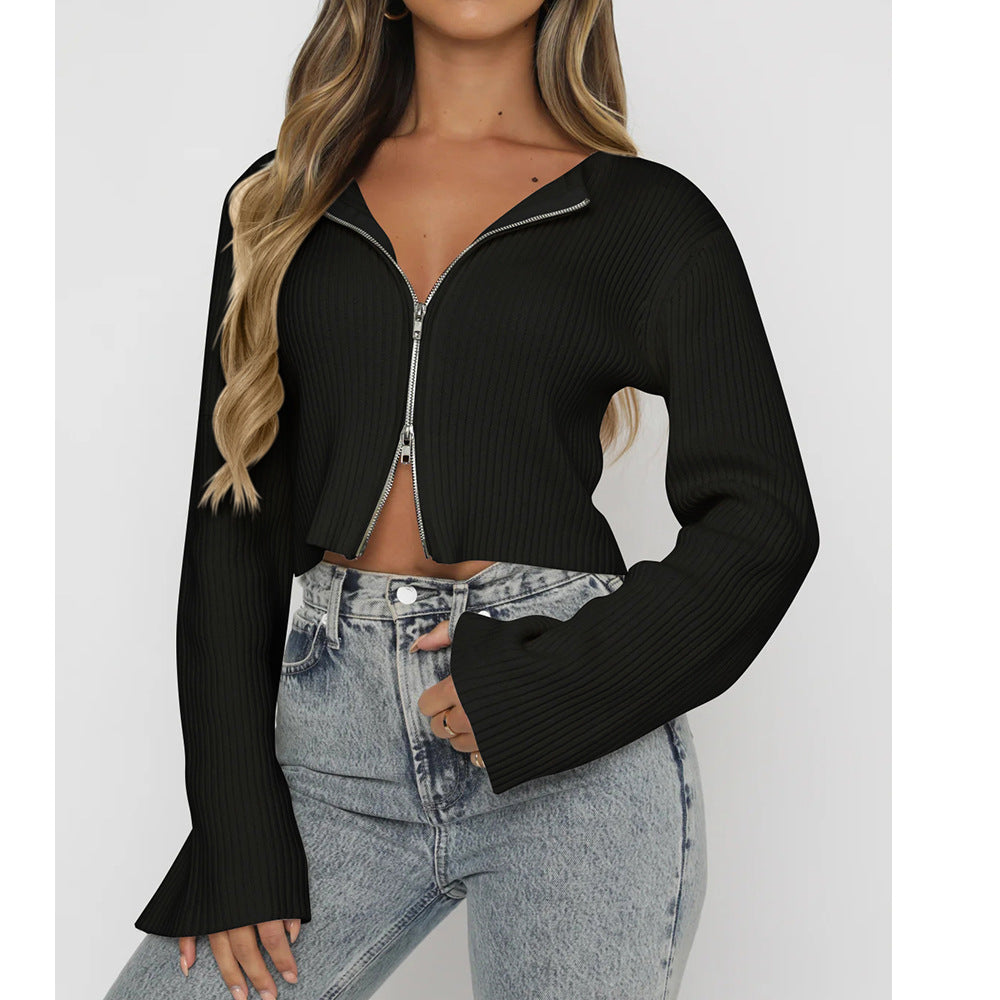 Womens Zip Up Ribbed Knit Sweater Long Sleeve Top