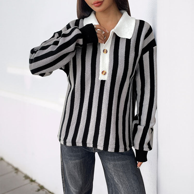 Striped Knit Collared Pullover Sweater Top