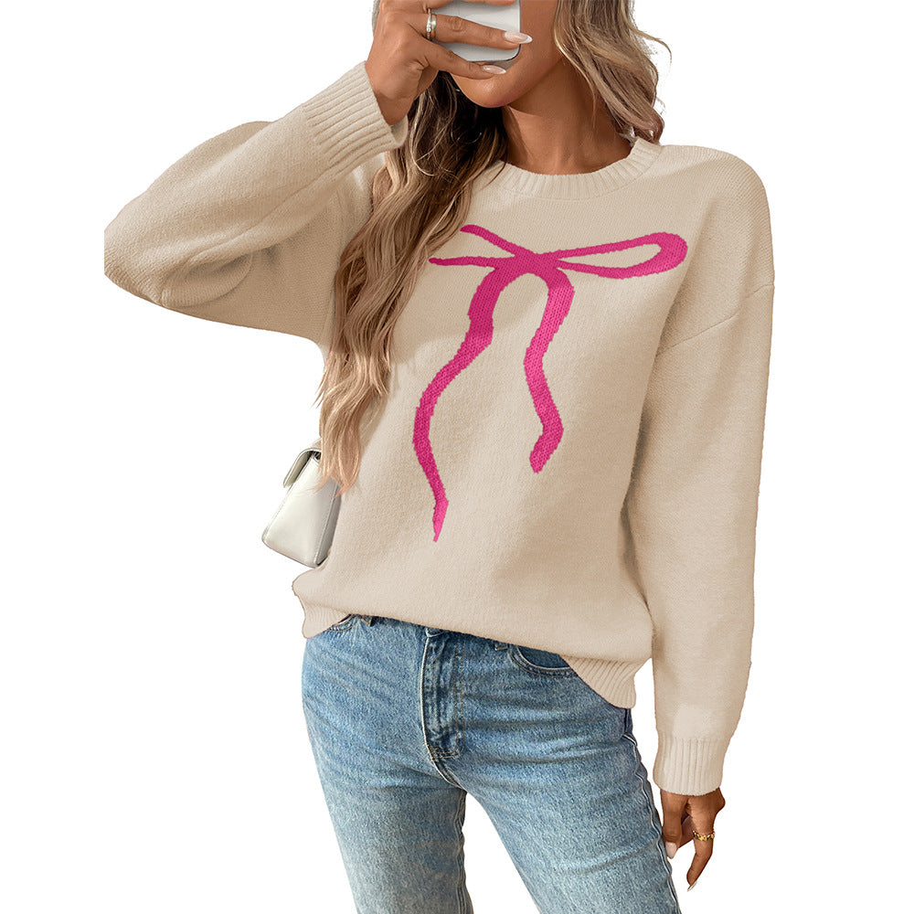 Chic Bow Tie Sweater Vintage Casual Pullover for Women