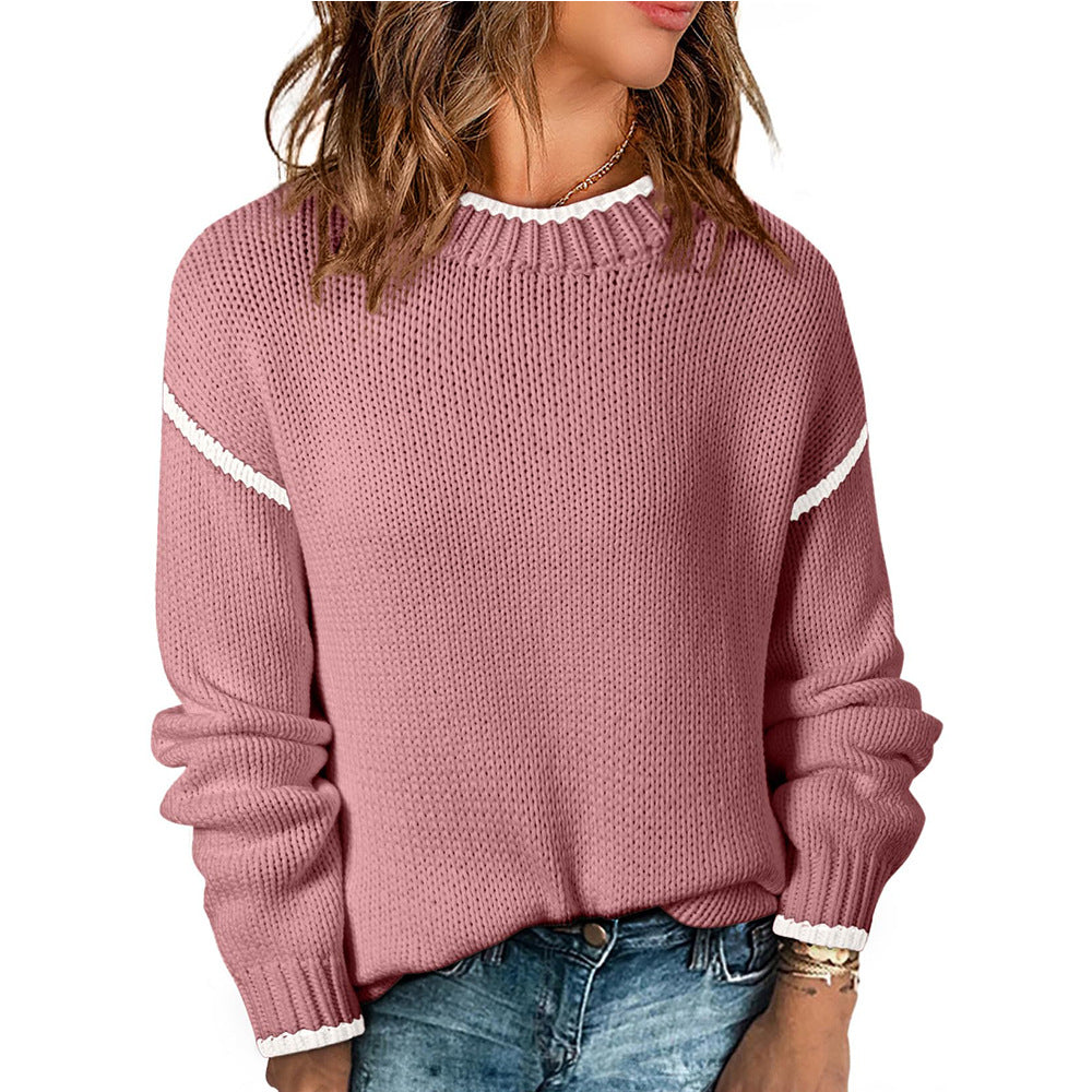 Women Color Block Crew Neck Pullover Sweater