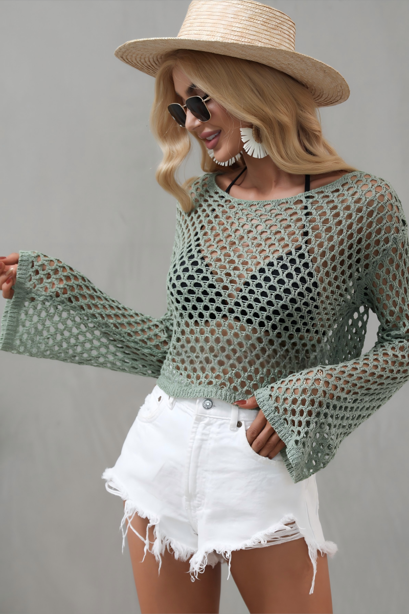 Bell Sleeve Hollow Knit Sweater Loose Fit Top